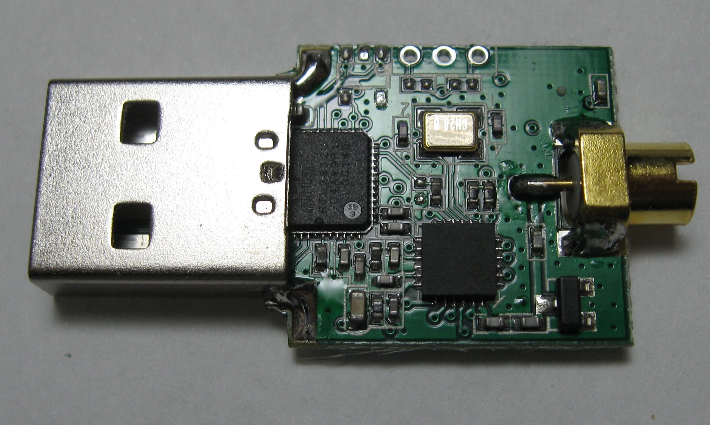 RTL-SDR dongle prototype with the relevant integrated components